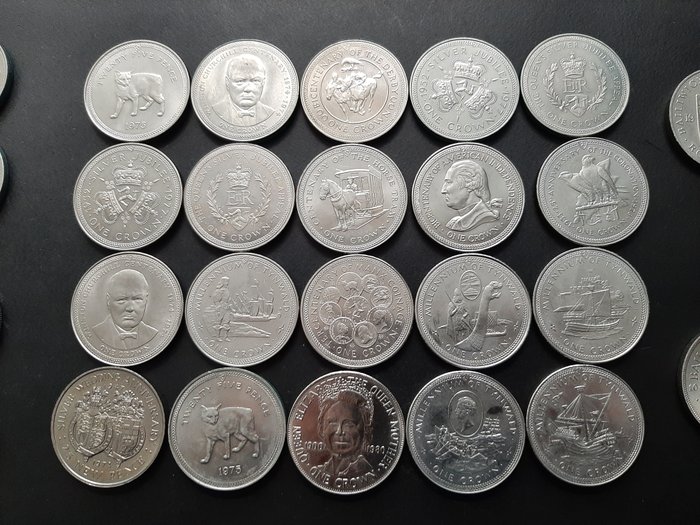 Gibraltar (Britisk Oversøisk Territorie), Guernsey (Kronbesiddelse), Isle of Man (Kronbesiddelse), Jersey (Kronbesiddelse), Storbritannien. Lot de 35 monnaies en cupro-nickel