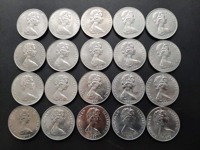 Gibraltar (Britisk Oversøisk Territorie), Guernsey (Kronbesiddelse), Isle of Man (Kronbesiddelse), Jersey (Kronbesiddelse), Storbritannien. Lot de 35 monnaies en cupro-nickel