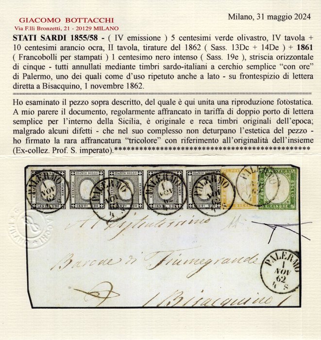 Antikke Italienske Stater - Sardinien 1861 - 1c. intens sort (stempler til trykte materialer), i strimmel af 5 brugt på brevtitelsider - - Sass. n° 13Dc+14De+19e