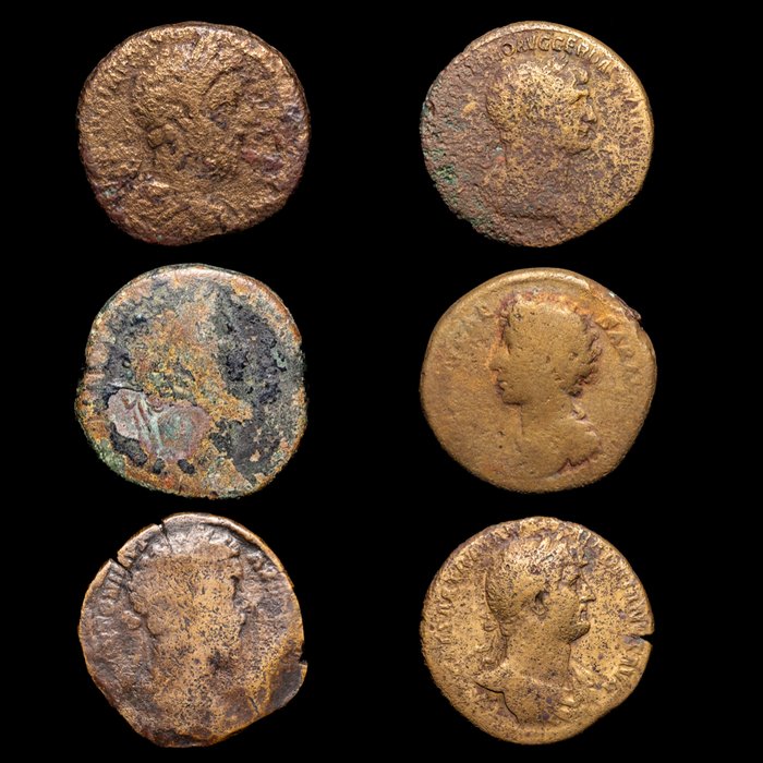 Romarriket. Lote de 6 monedas Æ incl.: Trajano, Adriano y Marco Aurelio como Augusto y César  (Ingen mindstepris)