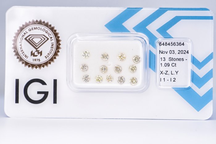 Ingen mindstepris - 13 pcs Diamant  (Naturfarvet)  - 1.09 ct - Rund - Light Gul - I1, I2 - International Gemological Institute (IGI)