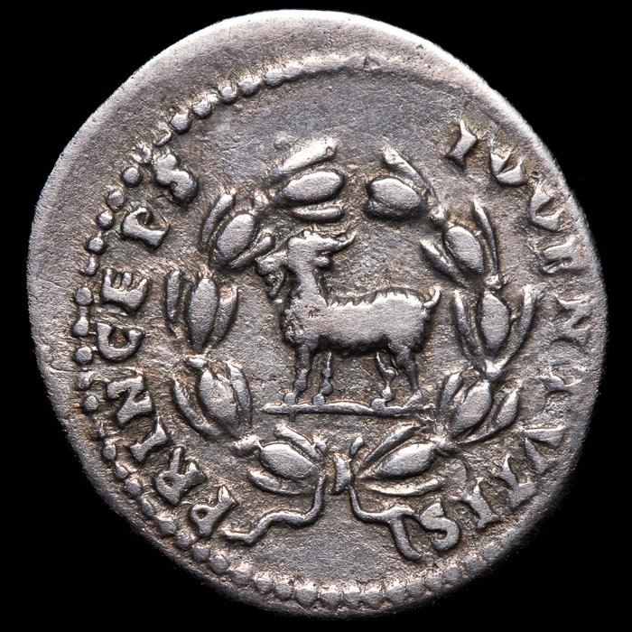 Romarriket. Domiciano como César (60-81 d.C.). Denarius Roma - PRINCEPS IVVENTVTIS, Cabra dentro de corona de laurel  (Ingen mindstepris)