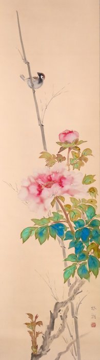 Hanging Scroll - Peony Flower and Sparrow - with original wooden box - “Nakashima Keicho 中島啓朝（1898-1983）” - Japan  (Ingen mindstepris)