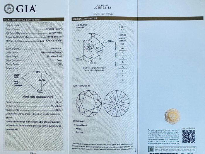 1 pcs Diamant  (Farvebehandlet)  - 0.64 ct - Rund - Fancy Gul Grøn - SI2 - Gemological Institute of America (GIA)