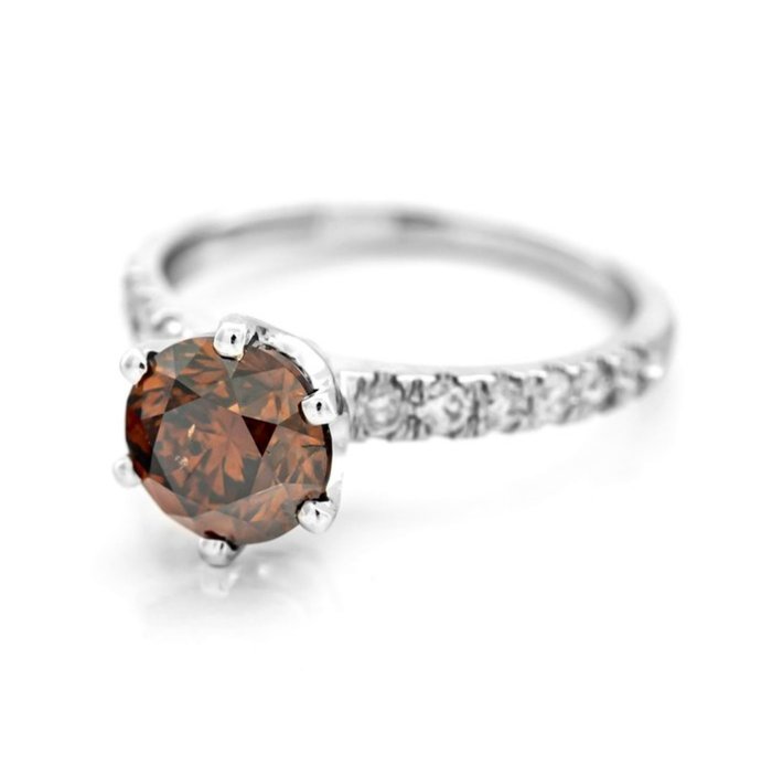 Ring - 14 karat Hvidguld -  2.51ct. tw. Brun Diamant (Naturfarvet) - Diamant