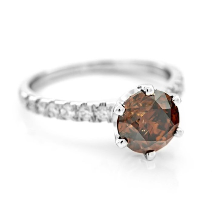 Ring - 14 karat Hvidguld -  2.51ct. tw. Brun Diamant (Naturfarvet) - Diamant