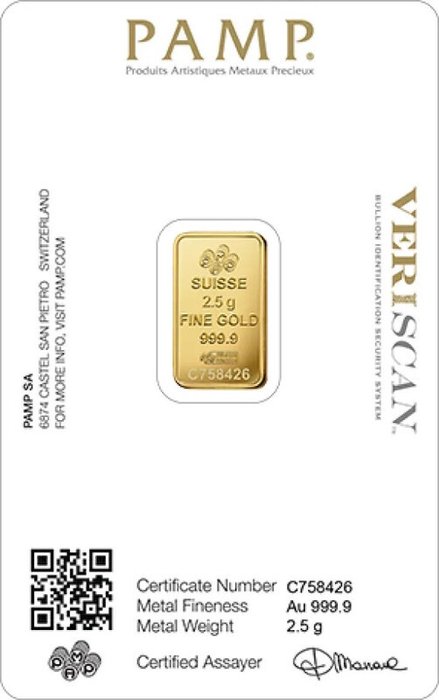 2,5 gram - Guld 999 - PAMP, Switzerland - Forseglet  Med certifikat