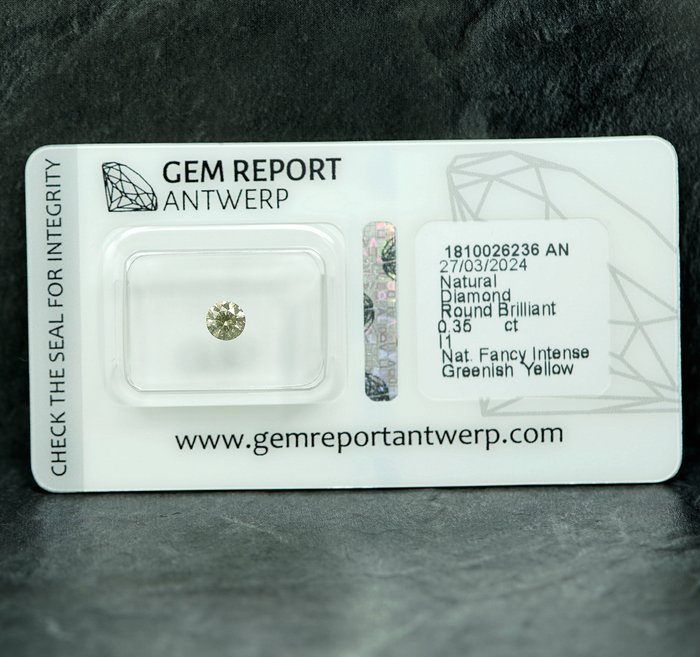 Ingen mindstepris - 1 pcs Diamant  (Naturfarvet)  - 0.35 ct - Fancy intense Grønlig Gul - I1 - Gem Report Antwerp (GRA)