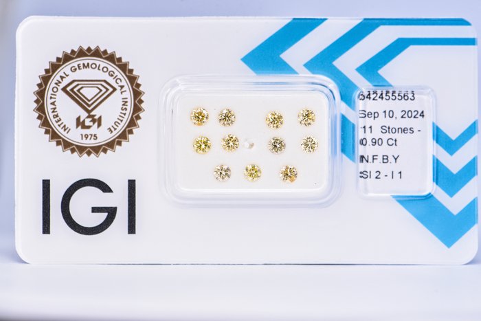 Ingen mindstepris - 11 pcs Diamant  (Naturfarvet)  - 090 ct - Rund - Fancy Brunlig Gul - I1 SI2 - International Gemological Institute (IGI)