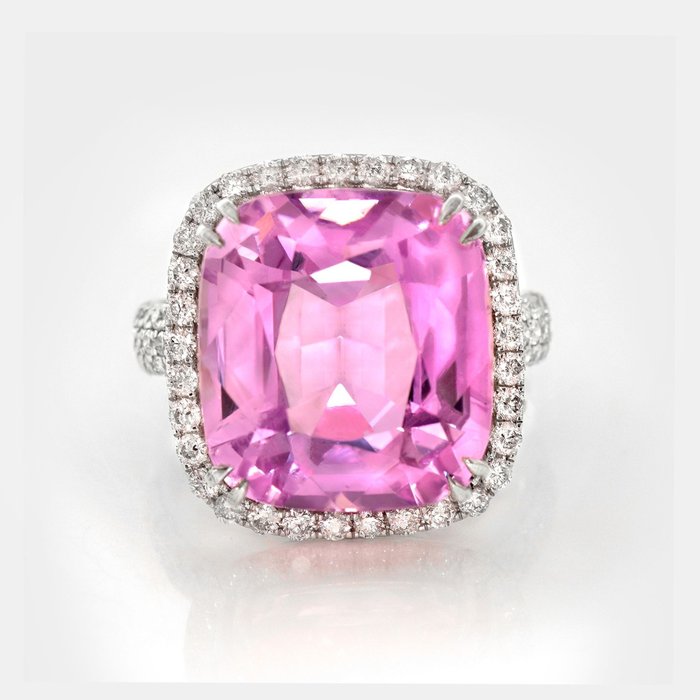 Ingen mindstepris - Ring - 14 karat Hvidguld -  18.08ct. tw. Kunzit - Diamant - IGI 17,18 ct Pink