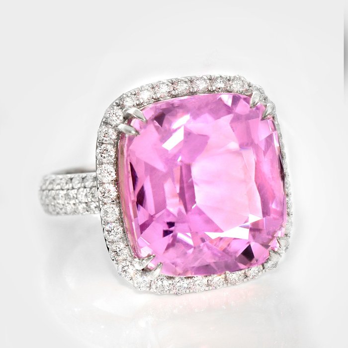 Ingen mindstepris - Ring - 14 karat Hvidguld -  18.08ct. tw. Kunzit - Diamant - IGI 17,18 ct Pink