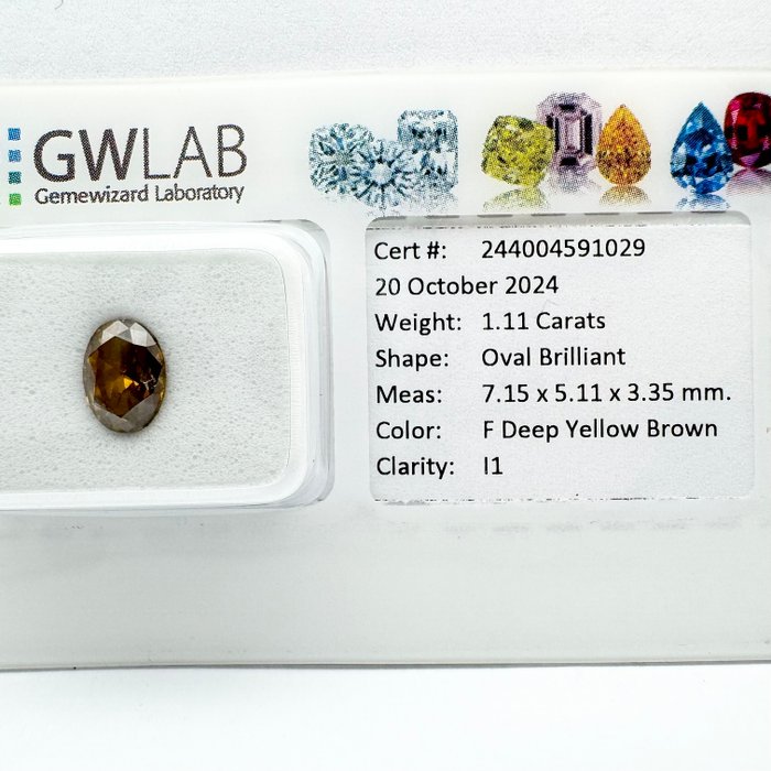 Ingen mindstepris - 1 pcs Diamant  (Naturfarvet)  - 1.11 ct - Oval - Fancy deep Gul Brun - I1 - Gemewizard Gemological Laboratory (GWLab)