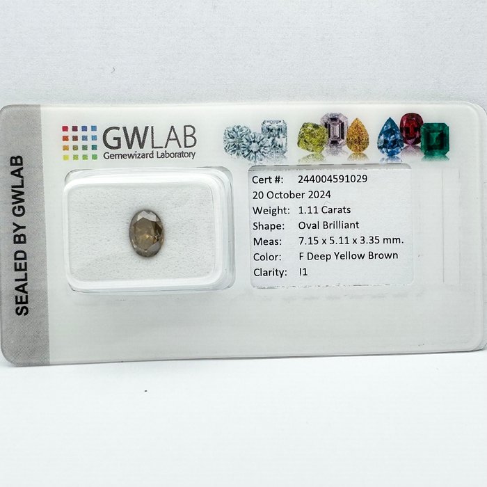 Ingen mindstepris - 1 pcs Diamant  (Naturfarvet)  - 1.11 ct - Oval - Fancy deep Gul Brun - I1 - Gemewizard Gemological Laboratory (GWLab)