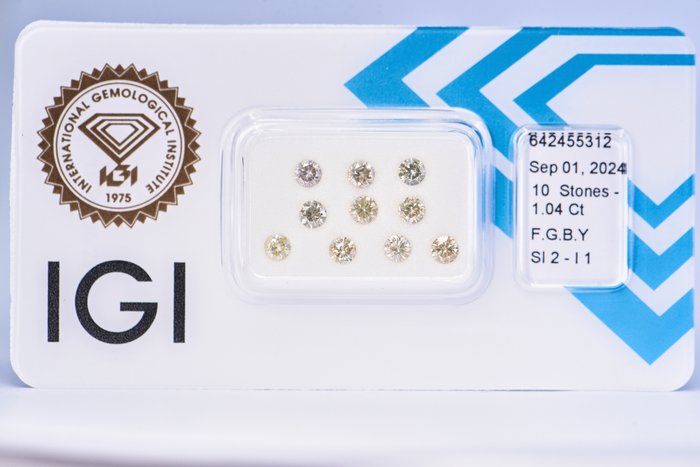 Ingen mindstepris - 10 pcs Diamant  (Naturfarvet)  - 1.04 ct - Rund - Fancy Brunlig, Grønlig Gul - I1, SI2 - International Gemological Institute (IGI)