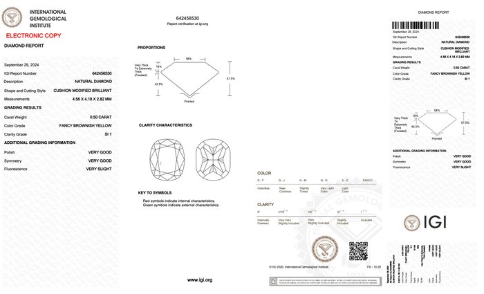 Ingen mindstepris - 1 pcs Diamant  (Naturfarvet)  - 0.50 ct - Pude - Fancy Brunlig Gul - SI1 - International Gemological Institute (IGI)