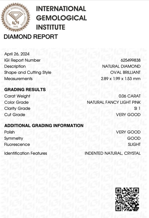 1 pcs Diamant  (Naturfarvet)  - 0.06 ct - Oval - Fancy light Lyserød - SI1 - International Gemological Institute (IGI)