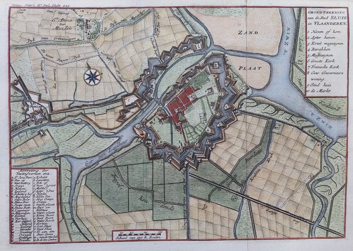 Holland - Låse; Isaak Tirion - Grondtekening van de Stad Sluis in Vlaanderen - 1740