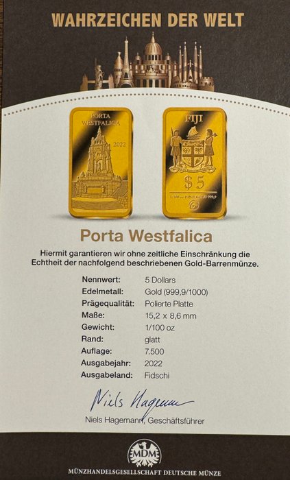 Fiji. 5 Dollars 2022 Porta Westfalica, 1/100 Oz (.999) Proof  (Ingen mindstepris)