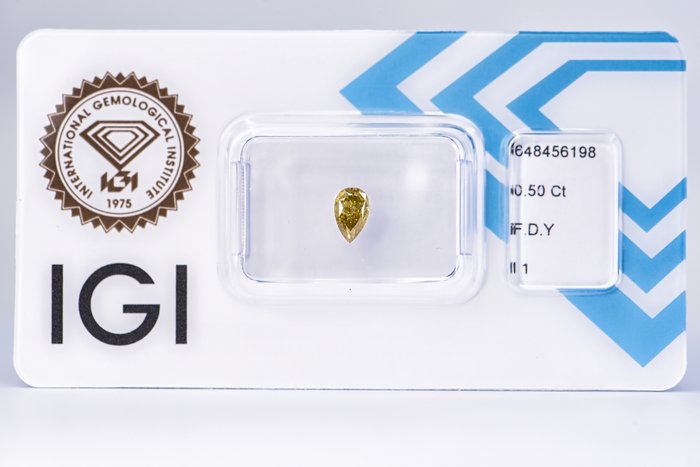 Ingen mindstepris - 1 pcs Diamant  (Naturfarvet)  - 0.50 ct - Pære - Fancy deep Gul - I1 - International Gemological Institute (IGI)