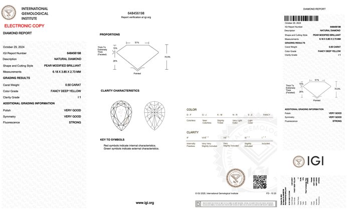 Ingen mindstepris - 1 pcs Diamant  (Naturfarvet)  - 0.50 ct - Pære - Fancy deep Gul - I1 - International Gemological Institute (IGI)