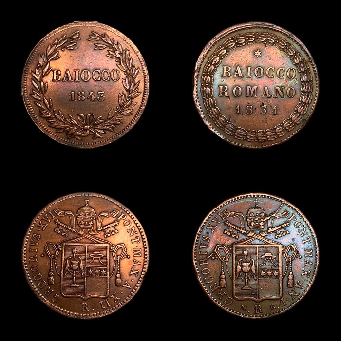 Italien, Kirkestaten. Pave Gregor 16. (1831-1846). 1 Baiocco Romano 1831 + 1 Baiocco 1843 (2 moedas)  (Ingen mindstepris)