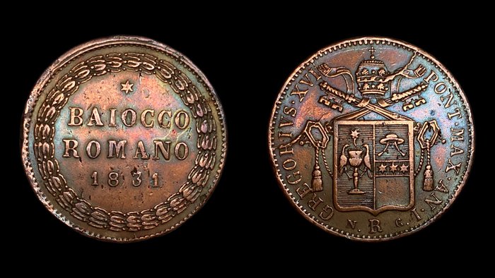 Italien, Kirkestaten. Pave Gregor 16. (1831-1846). 1 Baiocco Romano 1831 + 1 Baiocco 1843 (2 moedas)  (Ingen mindstepris)