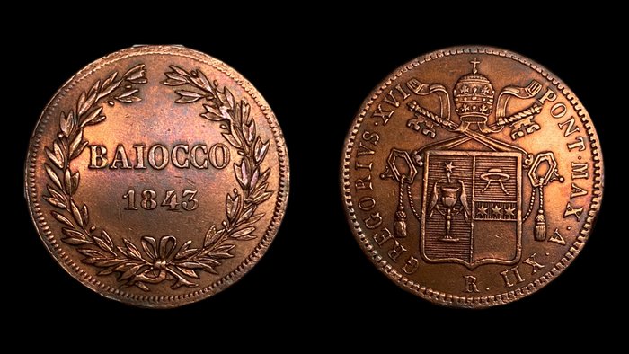 Italien, Kirkestaten. Pave Gregor 16. (1831-1846). 1 Baiocco Romano 1831 + 1 Baiocco 1843 (2 moedas)  (Ingen mindstepris)