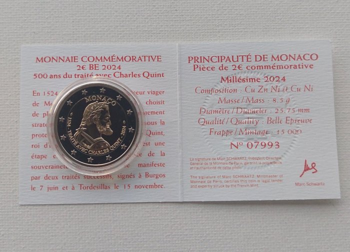 Monaco. 2 Euro 2024 "500 Ans du Traité de Burgos - Charles Quint" Proof