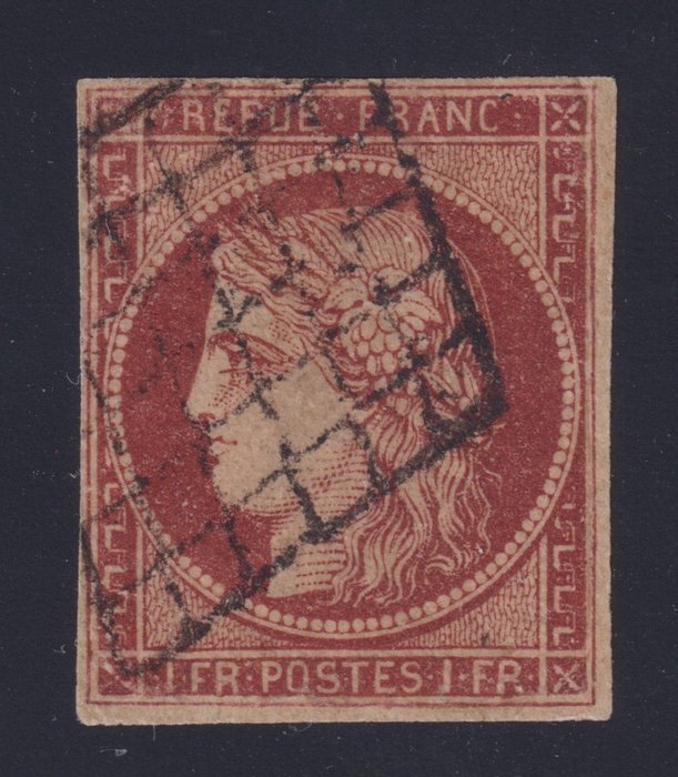 Frankrig 1849 - Cérès, nr. 6, 1fr karmin, annulleret diamantgitter, repareret. Falsk brun signatur, - Yvert