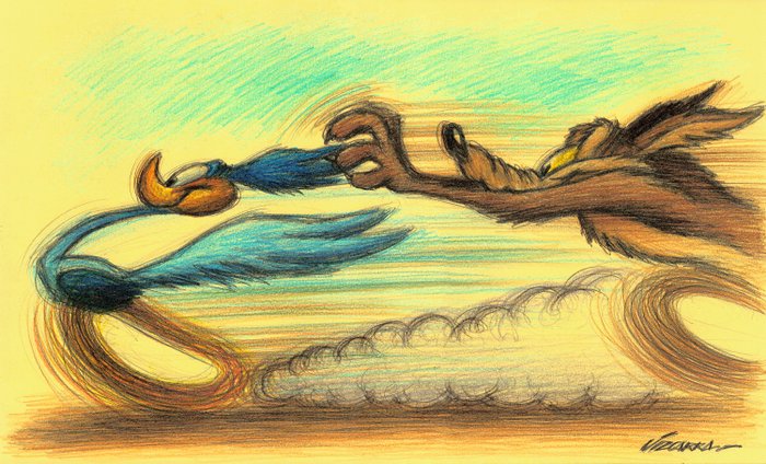 Joan Vizcarra - Wile E. Coyote Chasing Road Runner - Original Pencil Drawing (50 x 30 cm)- Hand Signed