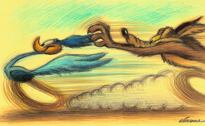 Joan Vizcarra - Wile E. Coyote Chasing Road Runner - Original Pencil Drawing (50 x 30 cm)- Hand Signed