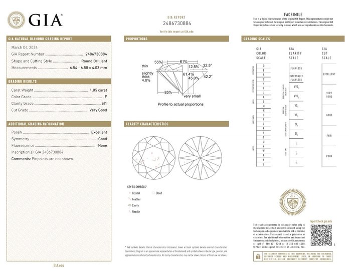 1 pcs Diamant  (Natur)  - 1.05 ct - Rund - F - SI1 - Gemological Institute of America (GIA)