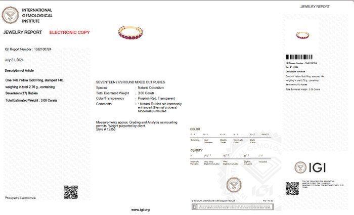 Ingen mindstepris - Ring - 14 karat Gulguld -  3.00ct. tw. Rubin - IGI