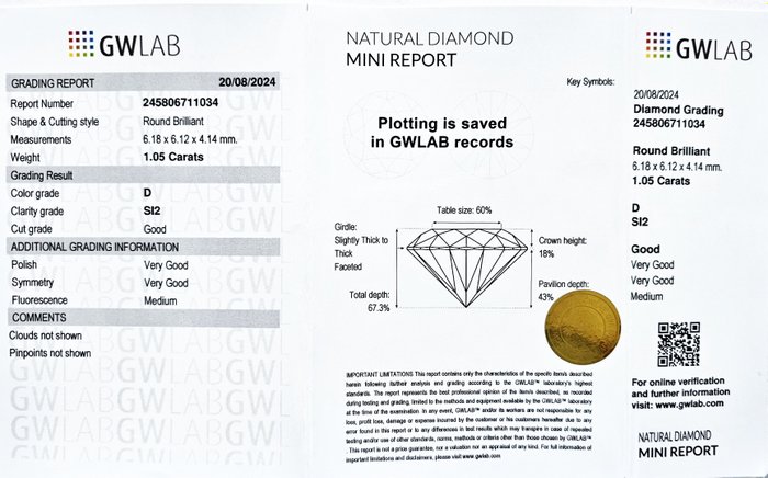 1 pcs Diamant  (Natur)  - 1.05 ct - Rund - D (farveløs) - SI2 - Gemewizard Gemological Laboratory (GWLab)