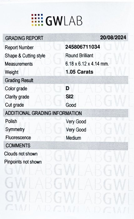 1 pcs Diamant  (Natur)  - 1.05 ct - Rund - D (farveløs) - SI2 - Gemewizard Gemological Laboratory (GWLab)