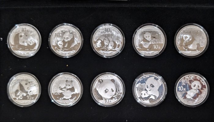 Kina. 10 Yuan 2011/2020 Panda, 10x1 Oz (.999)