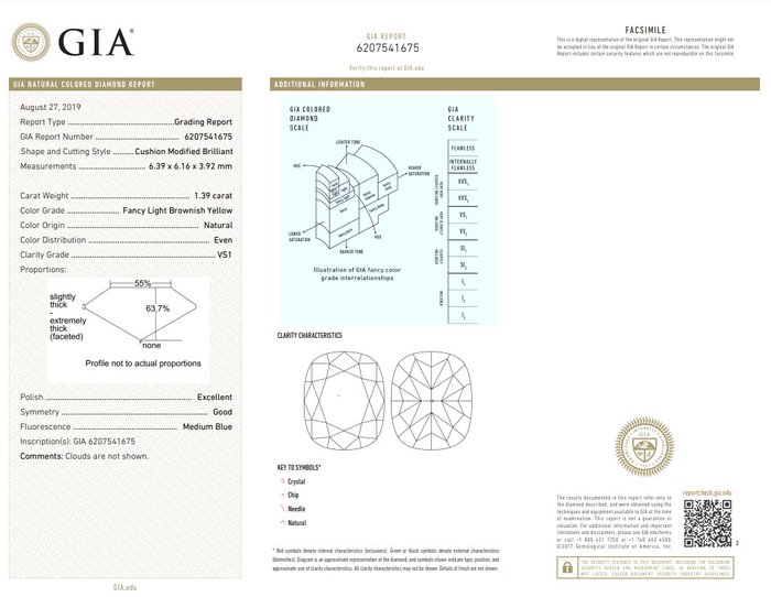 1 pcs Diamant  (Naturfarvet)  - 1.39 ct - Pude - Fancy light Brunlig Gul - VS1 - Gemological Institute of America (GIA)