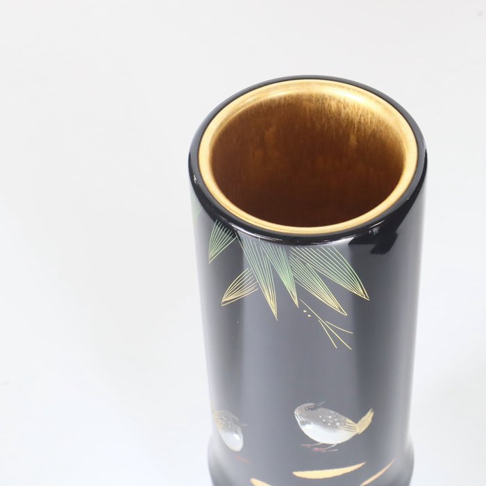 Vase - Wajima Lacquerware Chinkin Sparrows Design Bambusformet blomstervase - Japan  (Ingen mindstepris)