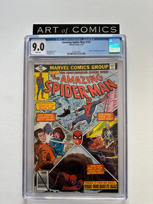 The Amazing Spider-Man #195 - Origin  2nd Appearance Of The Black Cat - CGC Graded 9.0 - Very High Grade!! - White Pages! - Key Book!! - 1 Graded comic - Første udgave - 1979