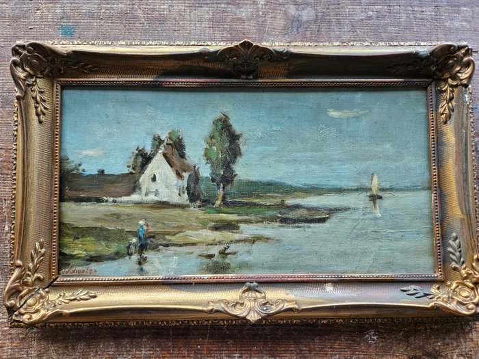 J.A. Joris van Schooten (1870-1933) - Impressionistisch riviergezicht met moeder en kind, boerderij en vissersboot