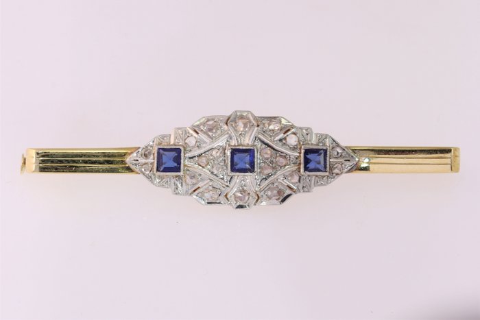 Broche - 18 kraat Gulguld - Diamant - Saphhire, art deco fra 1920'erne