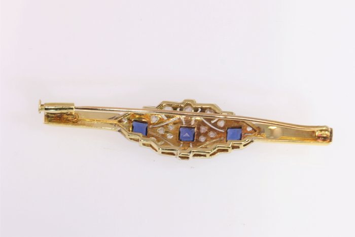 Broche - 18 kraat Gulguld - Diamant - Saphhire, art deco fra 1920'erne