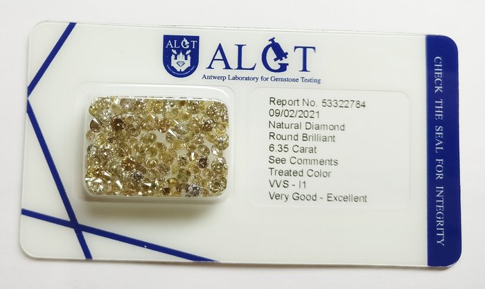 125 pcs Diamant  (Farvebehandlet)  - 6.35 ct - Rund Blandede farver - I1, VVS1 - Antwerp Laboratory for Gemstone Testing (ALGT)