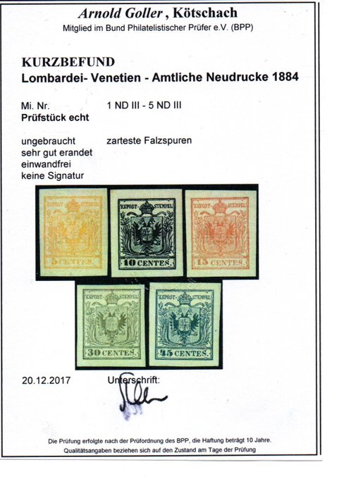 Østrig 1884/1884 - Østrig Lombardai Veneto våbenskjold udgave genoptryk postfriske med certifikat - Katalognummer LV1-LV5