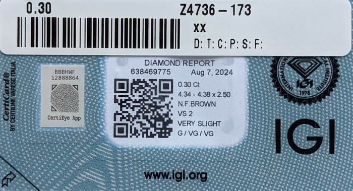 Ingen mindstepris - 1 pcs Diamant  (Naturfarvet)  - 030 ct - Rund - Fancy Brun - VS2 - International Gemological Institute (IGI)