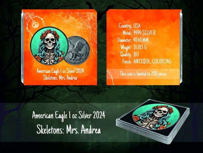 Förenta staterna. 1 Dollar 2024 ASE Skeletons - Mr. Andrew, Mrs. Andrea, Mr. John, Mrs. Jane 1 Oz (.999)