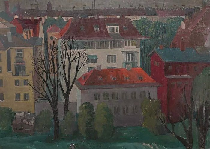 G. Poschner (1967) - Cityscape with rooftops and trees - NO RESERVE