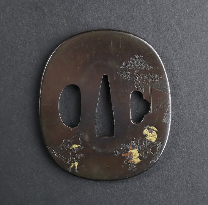 Heste- og rejsemotiv Tsuba Sword Guard 90g med guld-, sølv- og kobberindlægsarbejde - Edo-perioden (1600-1868)