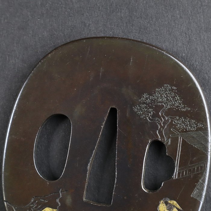 Heste- og rejsemotiv Tsuba Sword Guard 90g med guld-, sølv- og kobberindlægsarbejde - Edo-perioden (1600-1868)