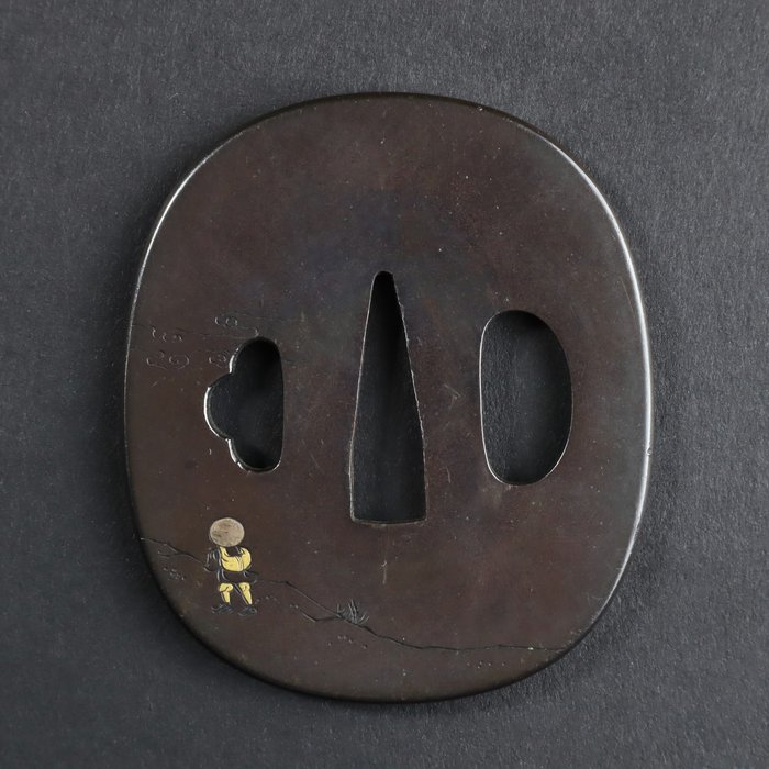 Heste- og rejsemotiv Tsuba Sword Guard 90g med guld-, sølv- og kobberindlægsarbejde - Edo-perioden (1600-1868)